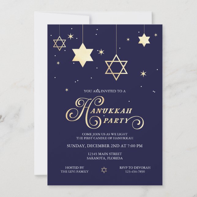 Invitación Fiesta elegante de la Marina y oro de Hanukkah (Anverso)