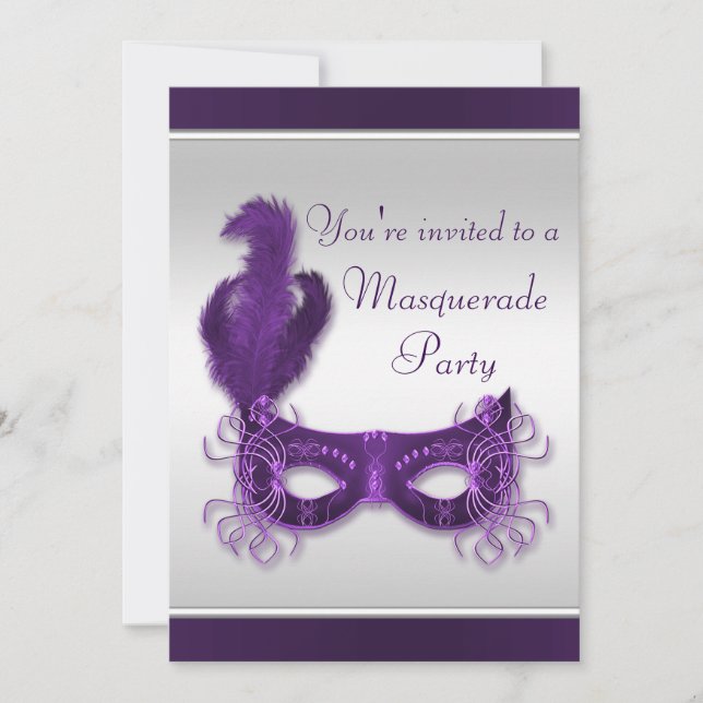 Invitación Fiesta elegante de la mascarada en púrpura y plata (Anverso)