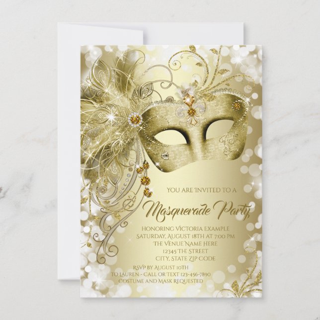 Invitación Fiesta elegante de Maquerade de la máscara del oro (Anverso)
