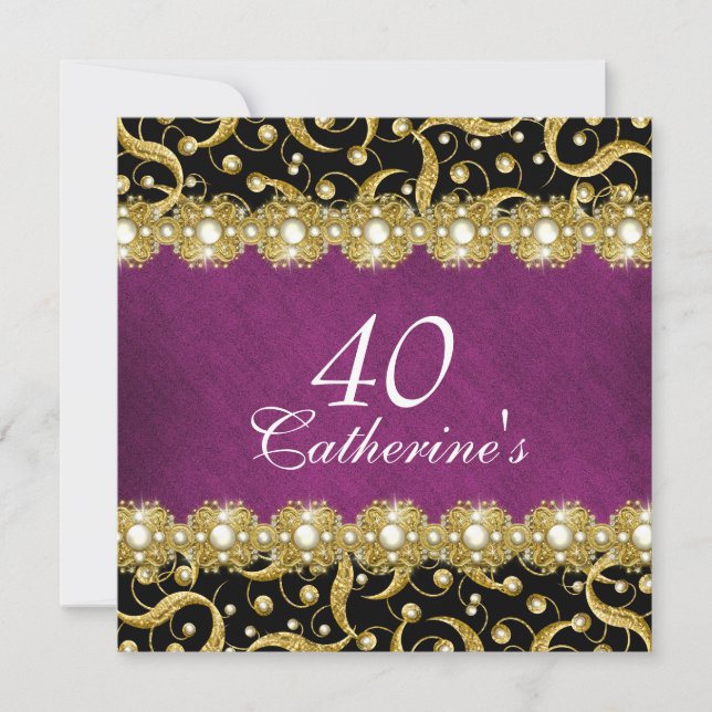 Invitación Fiesta elegante de oro morado "de cualquier edad" (Anverso)