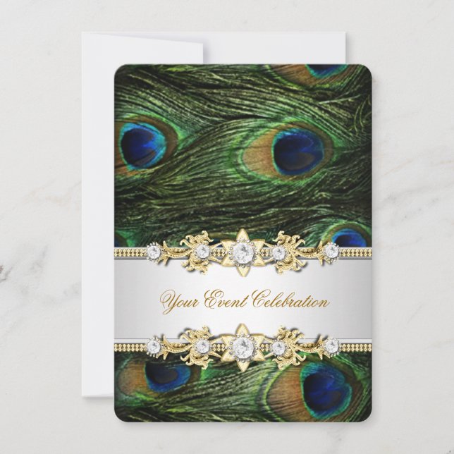 Invitación Fiesta elegante de oro verde azul pavo real (Anverso)