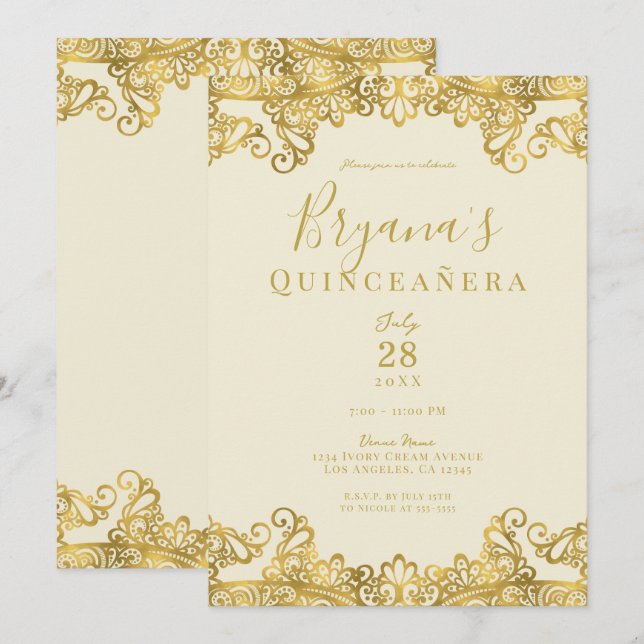 Invitación Fiesta elegante de Quinceañera con estilo marfileñ (Anverso / Reverso)
