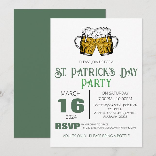 Invitación Fiesta elegante de San Patricio con trébol verde (Anverso / Reverso)