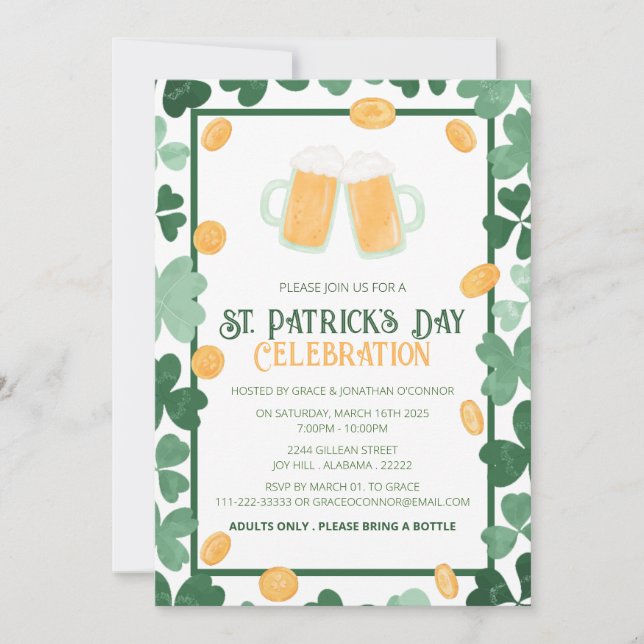Invitación Fiesta elegante de San Patricio con trébol verde (Anverso)