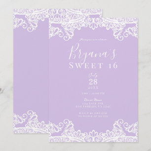 Invitación Fiesta elegante de Sweet 16 de encaje blanco y lav