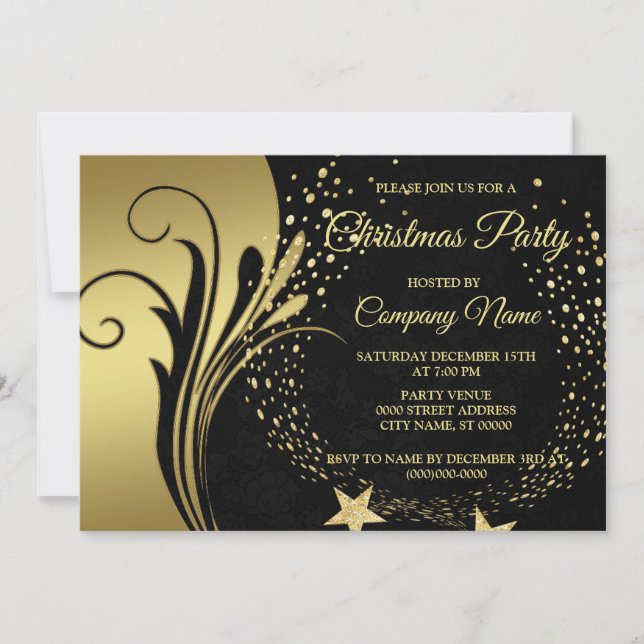 Invitación Fiesta elegante de vacaciones negras de oro (Anverso)