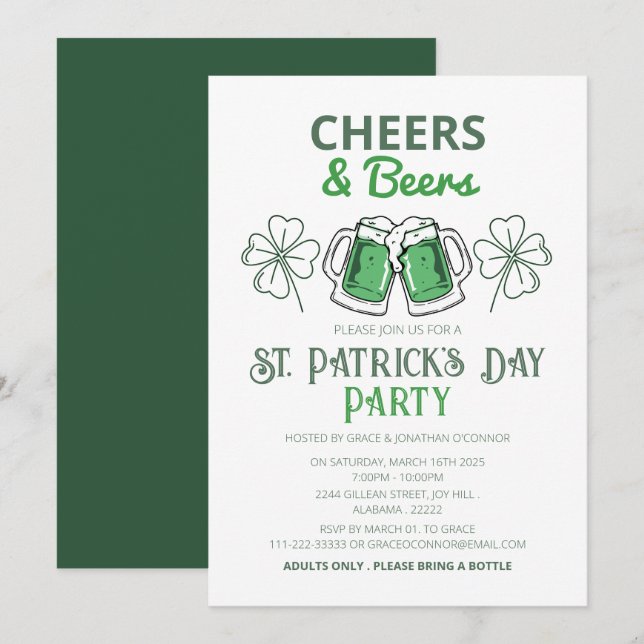 Invitación Fiesta elegante del Día de San Patricio con trébol (Anverso / Reverso)