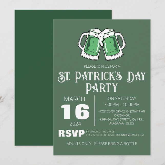 Invitación Fiesta elegante del Día de San Patricio con trébol (Anverso / Reverso)