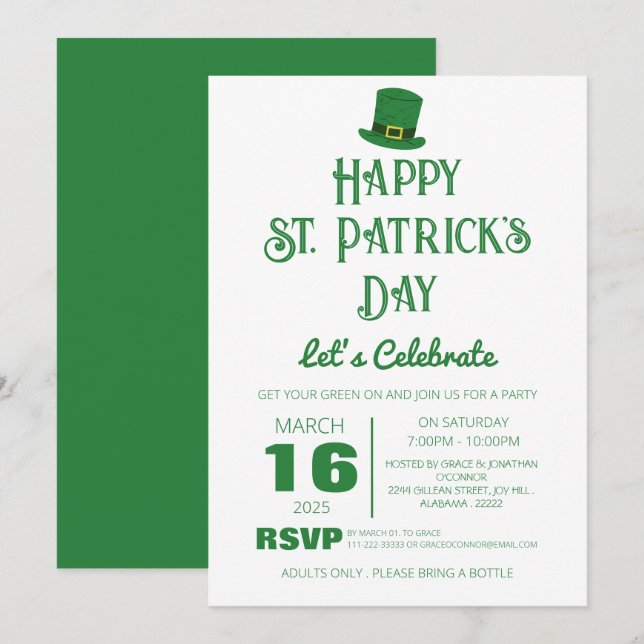 Invitación Fiesta elegante del Día de San Patricio con trébol (Anverso / Reverso)