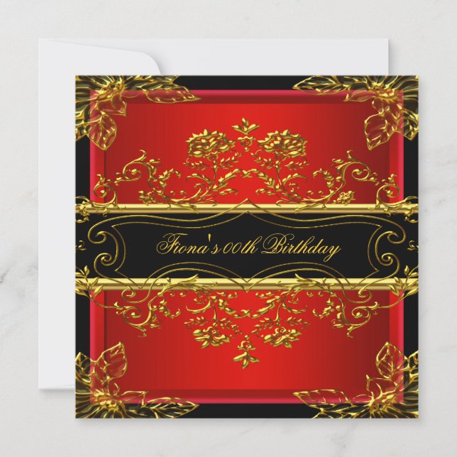 Invitación Fiesta Elegante Floral Rojo Oro Negro (Anverso)