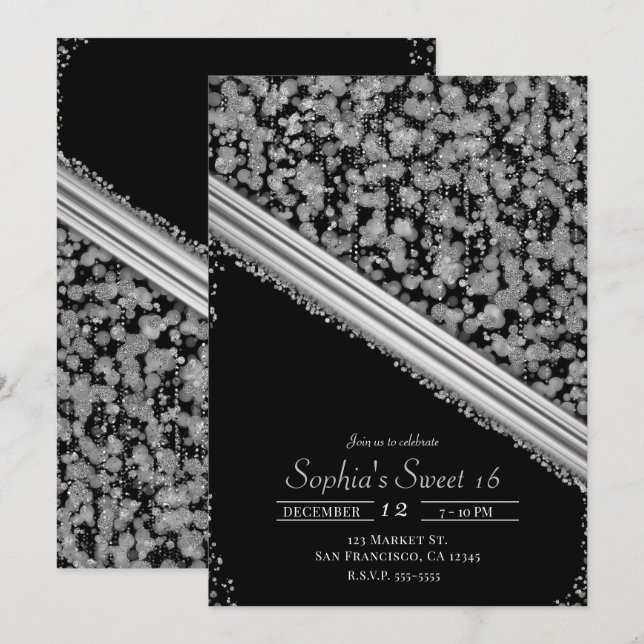 Invitación Fiesta Elegante Glam Silver & Black Dulces 16 (Anverso / Reverso)