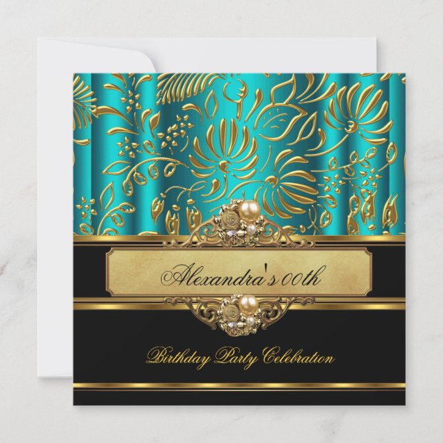 Invitación Fiesta elegante Jade Blue Green Gold Damask Pearl (Anverso)