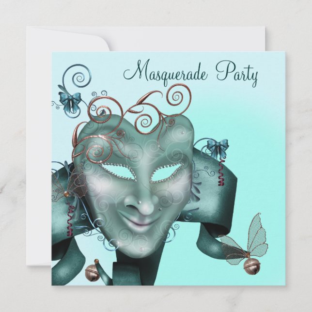 Invitación Fiesta elegante Máscara Azul Verde azulado Mascara (Anverso)