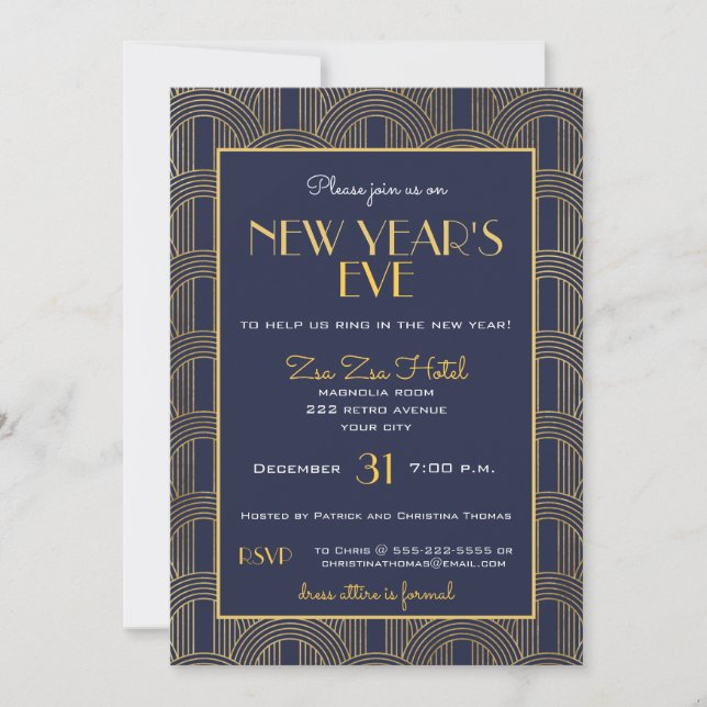 Invitación Fiesta elegante retro azul oro Deco Año nuevo (Anverso)