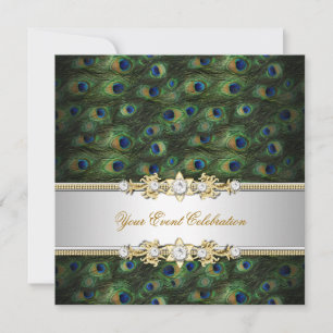 Invitación Fiesta elegante verde azul dorado de pavo real