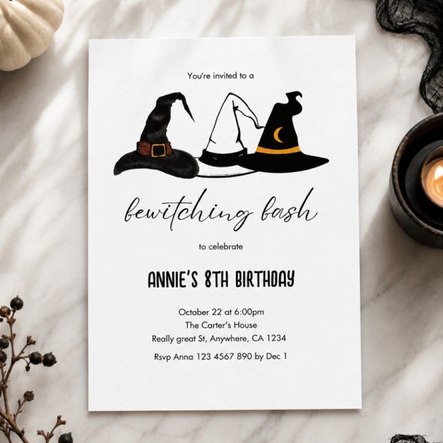 Invitación Fiesta Embrujadora Cumpleaños Bruja Halloween Gorr (halloween birthday invite, halloween party invite, bewitching bash, witch hat invitation, girls hall)