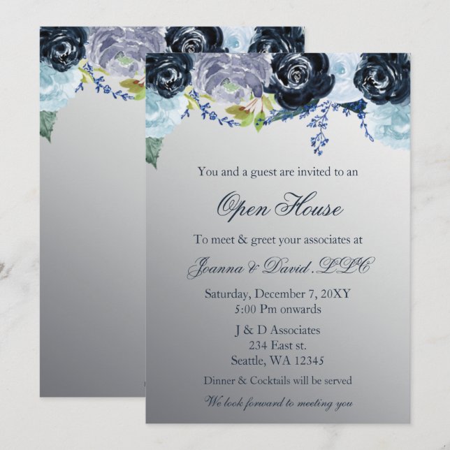Invitación Fiesta empresarial Silver Blue Floral (Anverso / Reverso)