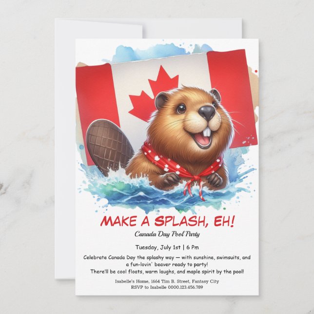 Invitación Fiesta en la Piscina con Castor Divertido | Día de (Anverso)