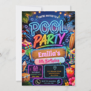 Invitación Fiesta en la Piscina Cumpleaños de Natación Neon B