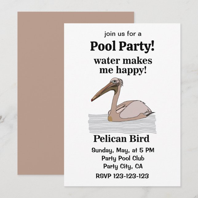 Invitación Fiesta en la Piscina de la Playa del Pájaro Pelíca (Anverso / Reverso)