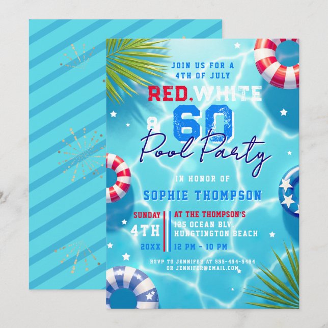 Invitación Fiesta en la Piscina del 4 de Julio Mujer Cumpleañ (Anverso / Reverso)