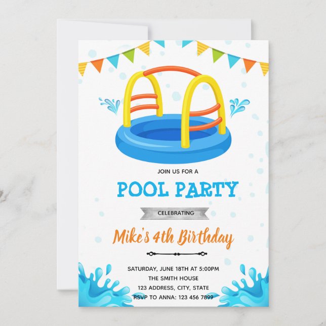 Invitación Fiesta en la piscina del parque acuático Splash (Anverso)