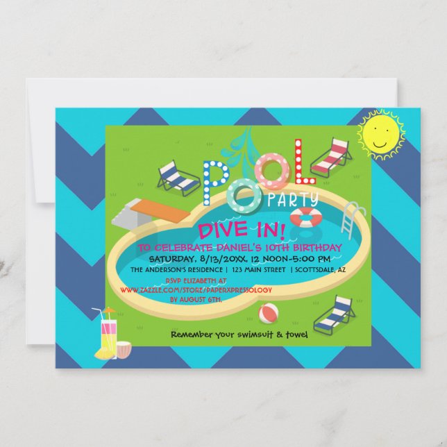 Invitación Fiesta en la Piscina Diversión de Verano Cumpleaño (Anverso)
