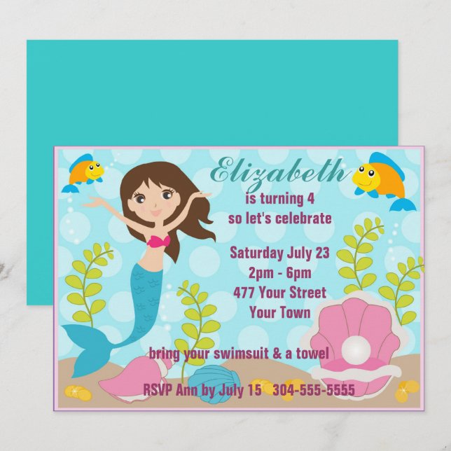 Invitación Fiesta en la piscina feliz de la sirena (Anverso / Reverso)