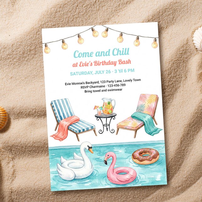 Invitación Fiesta en la Piscina Flotadores de Verano Cumpleañ (Summer pool party birthday invitation by Darling & May)