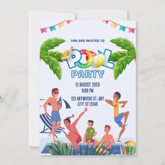 Invitación Fiesta en la Piscina Ilustrativa Verde y Azul