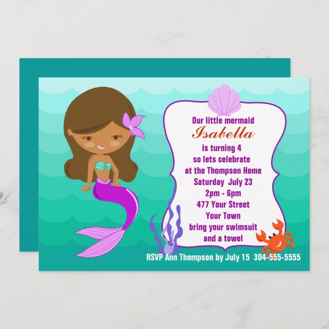 Invitación Fiesta en la piscina púrpura de la sirena (Anverso / Reverso)