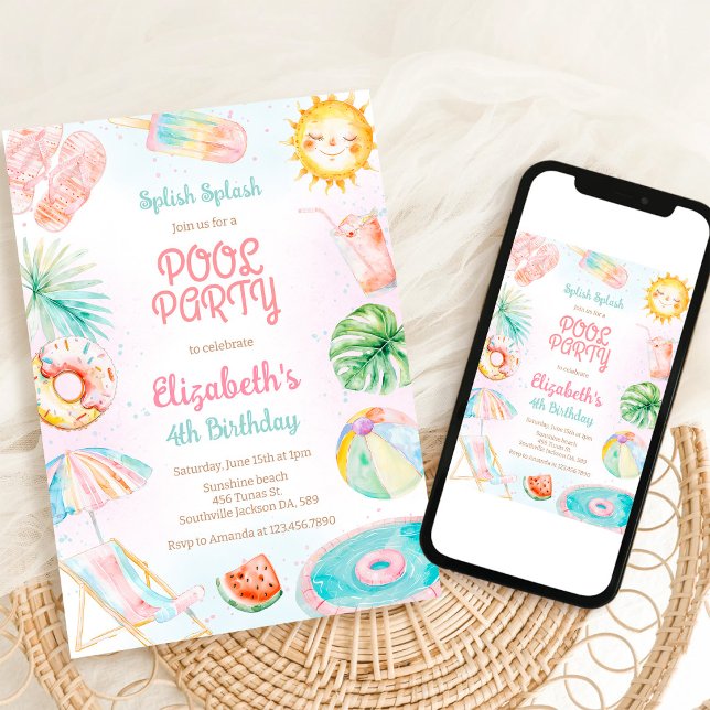 Invitación Fiesta en la Piscina Splash Splash Cumpleaños de V (Subido por el creador)