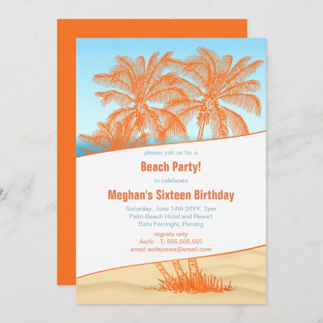 Invitación Fiesta en la Playa de Copacabana y Palmeras (Anverso / Reverso)