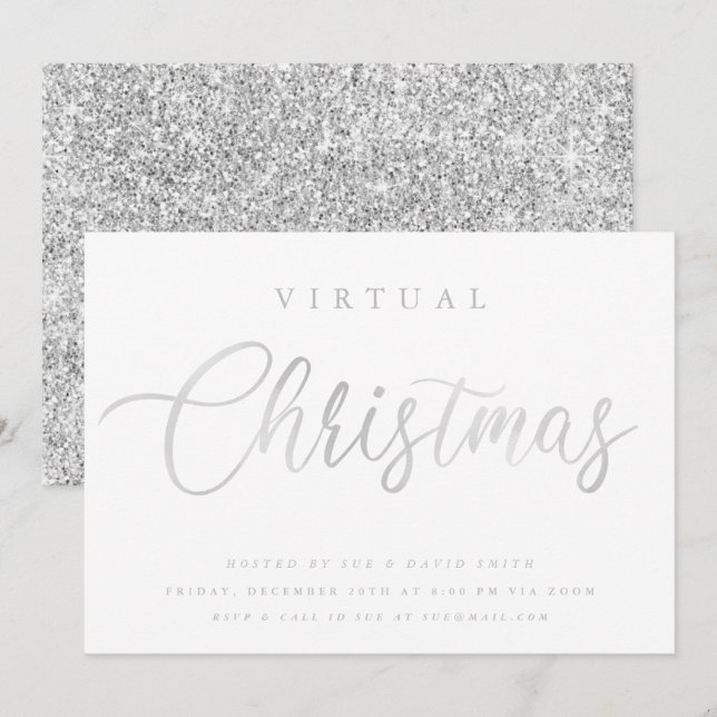 Invitación FIESTA en línea de Navidades blancos de plata VIRT (Anverso / Reverso)