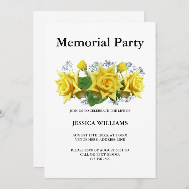 Invitación Fiesta en memoria floral de rosas amarillas (Anverso / Reverso)