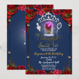 Invitación Fiesta Enchanted Rose Beauty Sweet 16 Azul Dorado