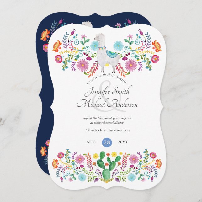 Invitación Fiesta ensayo cena llama flor folk cacti (Anverso / Reverso)