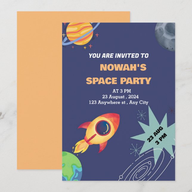 Invitación Fiesta espacial especial para celebrar el cumpleañ (Anverso / Reverso)