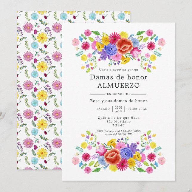 Invitación Fiesta Española Floral Bridesmaids Luncheon (Anverso / Reverso)