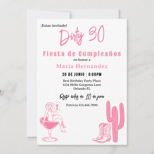 Invitación Fiesta Española Sucia de los 30 Cumpleaños 30 Aniv (Anverso)