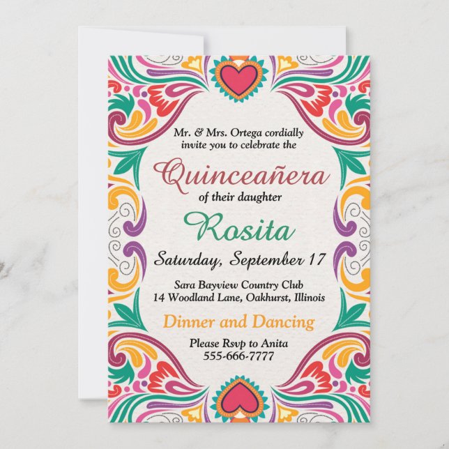 Invitación Fiesta Española Tradicional Quinceañera en la Fron (Anverso)
