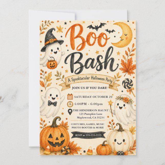 Invitación Fiesta Espeluznante de Boo Bash (Anverso)