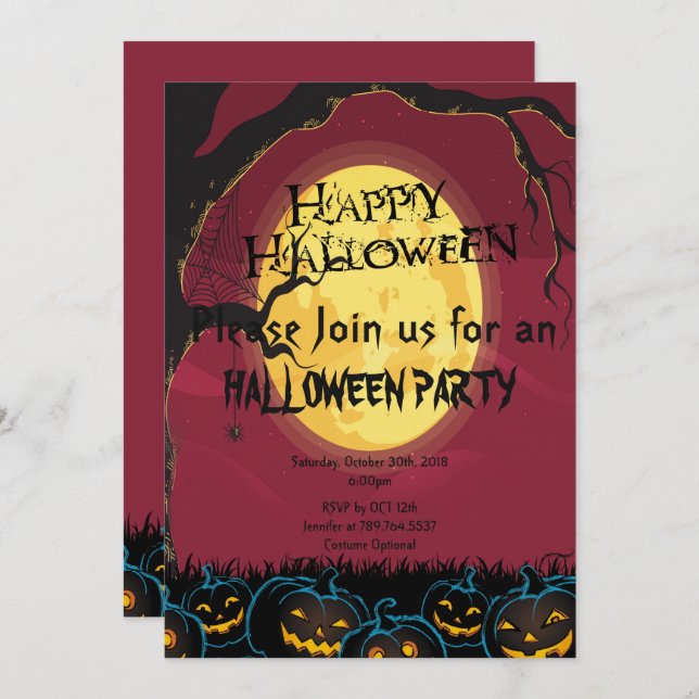 Invitación fiesta espeluznante de calabaza Halloween (Anverso / Reverso)