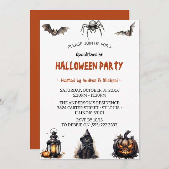 Invitación Fiesta espeluznante de Halloween en la Luna Comple (Anverso / Reverso)