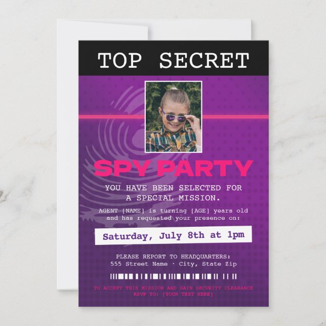 Invitación Fiesta espía de agente secreto (Anverso)