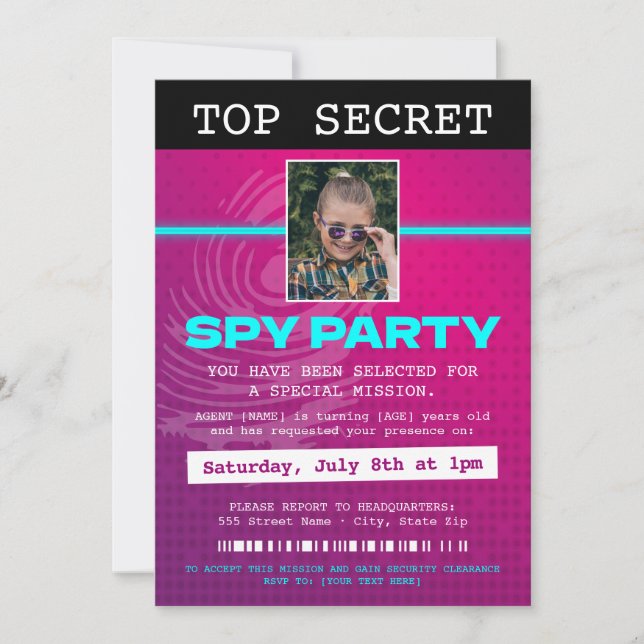 Invitación Fiesta espía de agente secreto (Anverso)