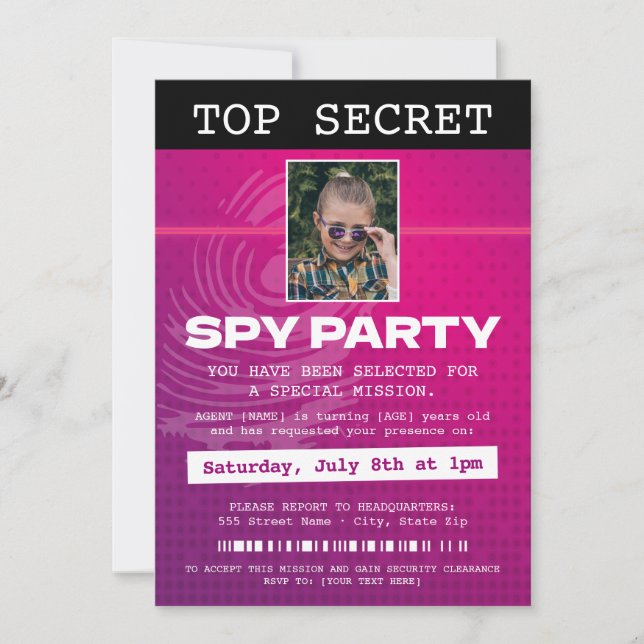 Invitación Fiesta espía de agente secreto (Anverso)