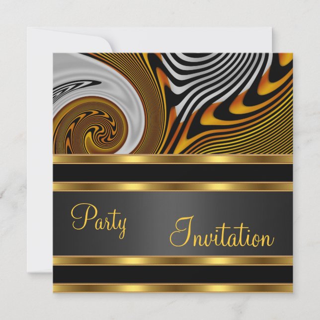 Invitación Fiesta Exótico Abstracto Dorado Negro (Anverso)