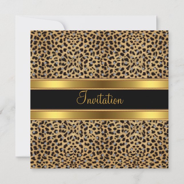 Invitación Fiesta Exótico Leopardo Oro Negro (Anverso)