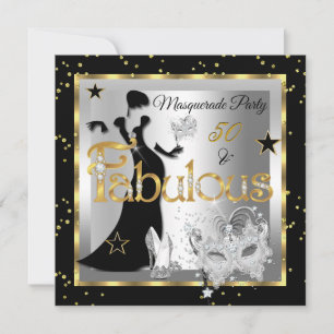Invitación Fiesta Fabulosa de Disfraz 50 Dorado Plateado Negr